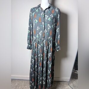 Natural Life Floral Tiered Midi Dress Women Medium Boho Button Front Long Sleeve